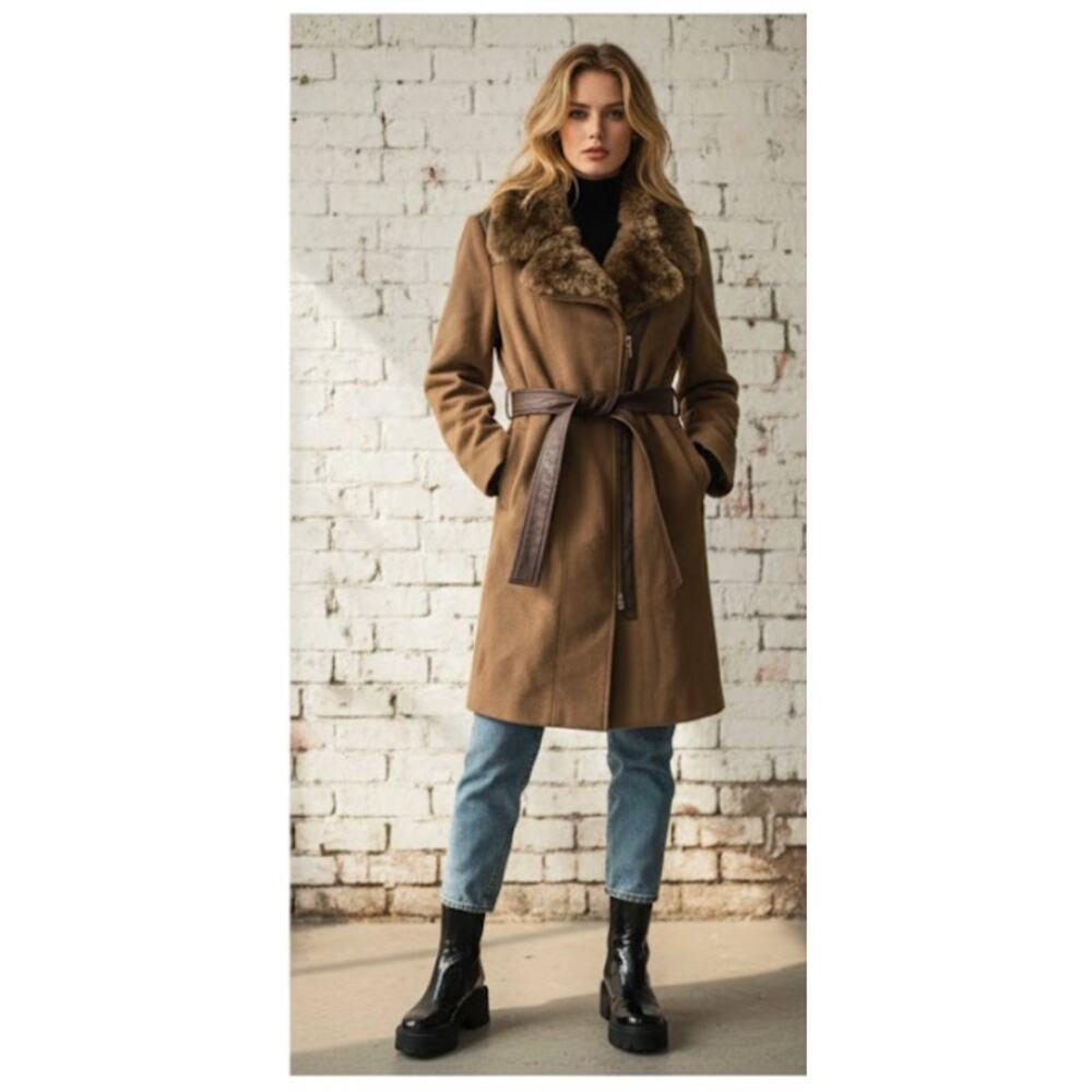 Via Spiga Wool Blend Coat Faux Fur Collar Belted Size L NWT